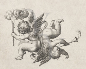 Love Gods. Two cupids antique engraving. Putti. Fine art print