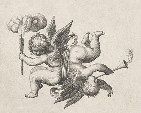 Love Gods. Two cupids antique engraving. Fine art print