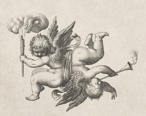 Love Gods. Two cupids antique engraving. Fine art print