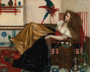 Painting of a woman with a parrot in an exotic setting. Fine art print