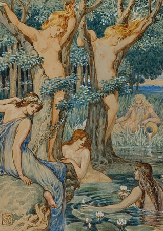 Nyads and Dryads. Painting by Walter Crane. Nature spirits. Mythology. Fine art print 