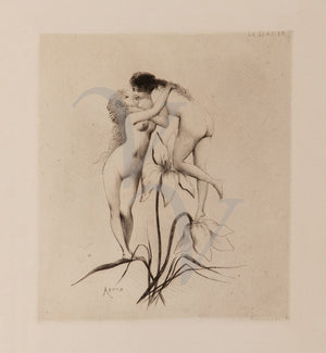 Le Baiser (The Kiss) by Joseph Apoux. Two women kissing on a flower. Lesbians. Female erotica