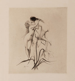 Le Baiser by Joseph Apoux. Two women kissing on a flower. Lesbian fine art print