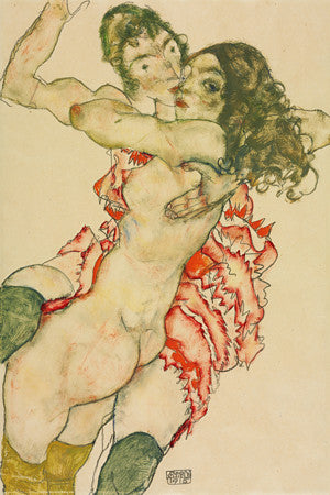 Egon Schiele artwork of two female nudes embracing. 