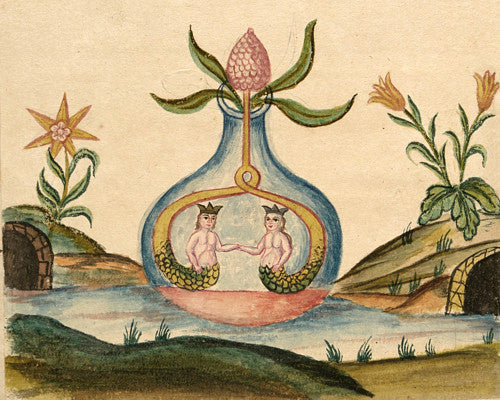 Alchemical Mermaids in side a flask. Painting from the Clavis Artis