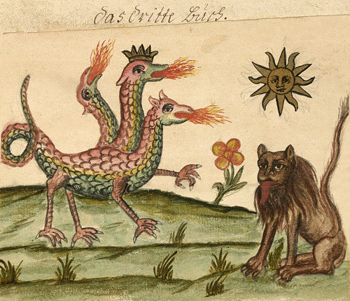 Three Headed Dragon and Lion. Antique Alchemy. Fine art print