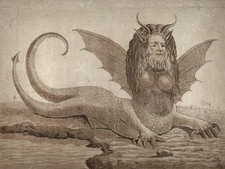 Harpy. Antique French engraving. Monster of Lake Fagua. Fine art print