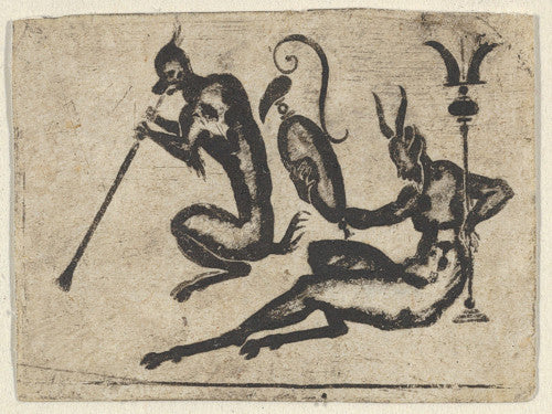 Monkey and Satyr antique German engraving. Fine Art Print