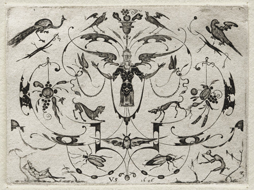 German ornamental antique engraving of birds, insects and animals. Fine art print