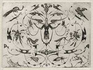 German ornamental antique engraving of birds, insects and animals. Fine art print