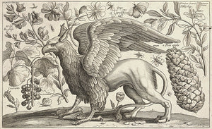 Griffin. Mythical creature with plants and flowers engraving. Gryphon. Fine art print