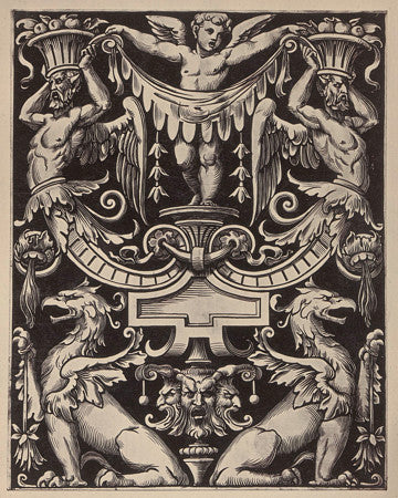 Griffins and Cupid. Antique ornamental grotesque engraving. Fine art print