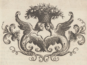 Italian decorative engraving of two winged creatures. Cupids. Fine art print