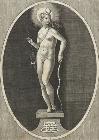 Moon Goddess Luna. Antique engraving. Fine art Print