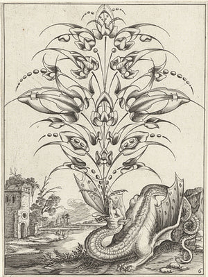 Flower-Breathing Dragon. Antique Engraving. Fine Art Print