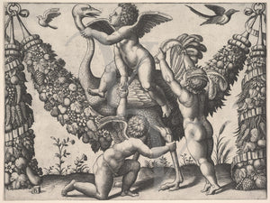Three Putti and an Ostrich. Italian engraving. Fine art print 