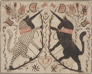 Two Unicorns. American Fraktur folk art illustration 