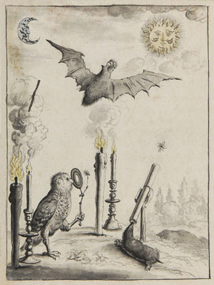 Alchemical Rosicrucian Illustration. The sun and moon, an owl, a bat and a mole 