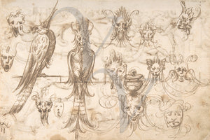 Masks and strange birds. Antique grotesques. Curios. Fine art print