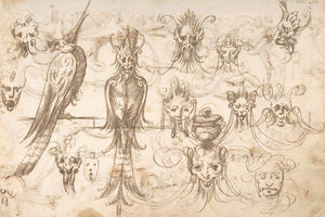 Antique Spanish grotesque drawings of masks and strange birds. Fine art print 