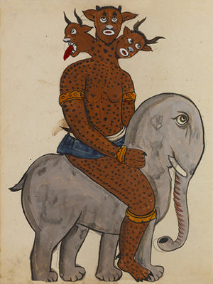 Painting of a three-headed demon riding an elephant, from a Persian manuscript on magic, spells, and astrology. Fine art print