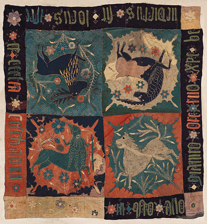 Medieval Scandinavian textile fragment featuring a Unicorn, Deer, Centaur and Lion. Fine art print