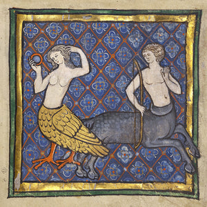 lluminated manuscript painting of a siren and a centaur. Fine art print