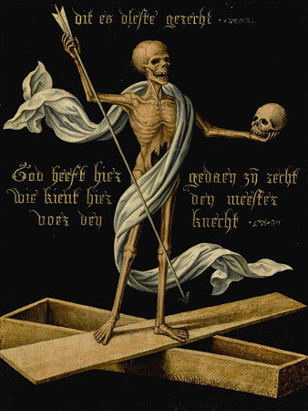 Vanitas painting of a skeleton standing on a coffin. Allegory of earthly vanity and divine salvation. Fine art print