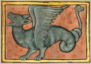 Illuminated manuscript painting of a winged dragon. Medieval bestiary