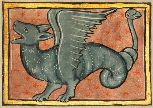 Medieval illuminated manuscript painting of a winged dragon