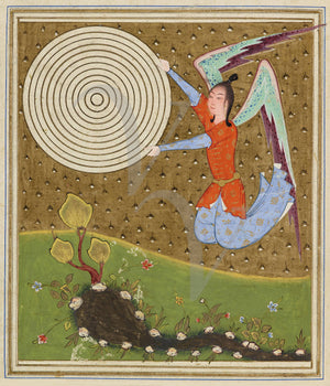 Persian cosmology painting of the Angel Ruh holding the celestial spheres