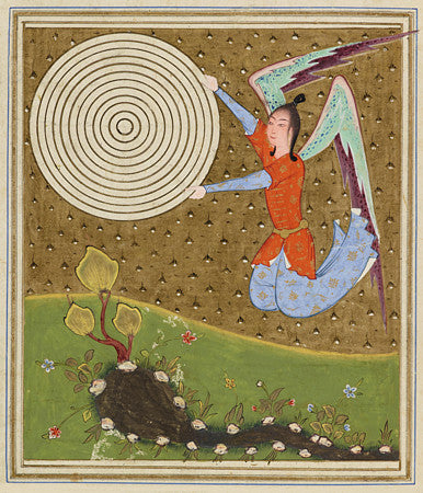 Persian cosmological painting  of the Angel Ruh holding the celestial spheres