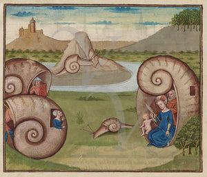 Medieval Snail Houses. Antique fantastical painting