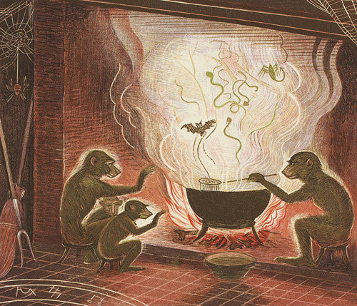 Witches Kitchen. Four monkeys conjuring over a cauldron