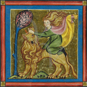 Samson and the Lion . Medieval manuscript painting