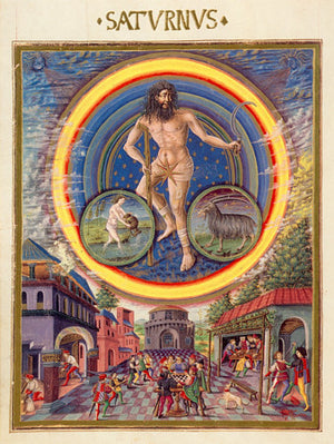 Saturn with the signs of Aquarius and Capricorn. Zodiac painting from De Sphaera