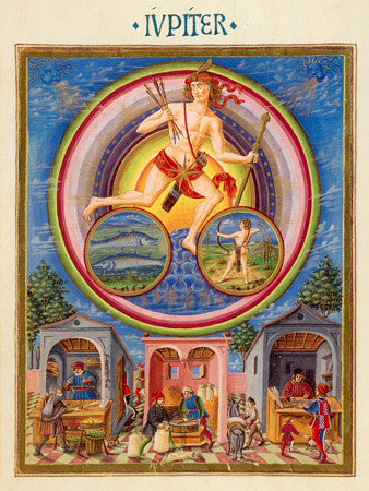Jupiter with the signs of Pisces and Sagittarius. Zodiac painting from De Sphaera