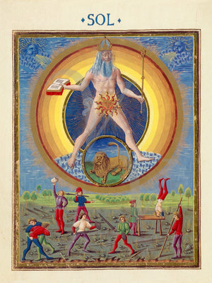 The Sun. Sol (The Sun) with the sign of Leo. Zodiac painting from an Italian Renaissance astrological manuscript