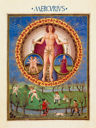 Mercury with the signs of Virgo and Gemini. Zodiac painting from De Sphaera