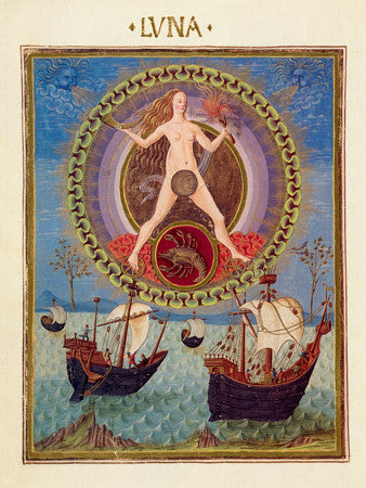 The Moon with the star sign of Cancer. Zodiac painting from De Sphaera.