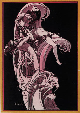 Flood. Wave of nudes. Art Nouveau illustration 