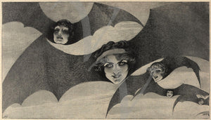 Flying bat women illustration. Antique Gothic female artwork