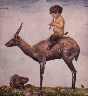 Baby Satyr playing music, sitting on a deer 