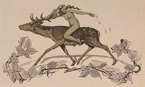 Illustration of the Norse Goddess Freya riding a deer