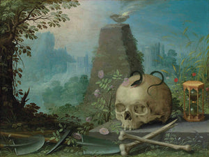 Still life Vanitas painting with a skull , crossbones and a snake