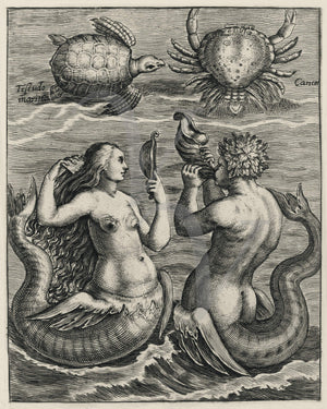 Mermaid, Merman, turtle and crab. Vintage Dutch engraving