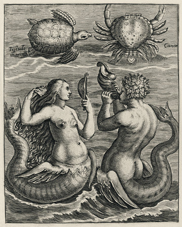 Antique Dutch engraving of a mermaid, Merman, turtle and crab 