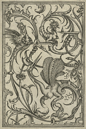 Antique grotesque engraving with fantastical female monsters