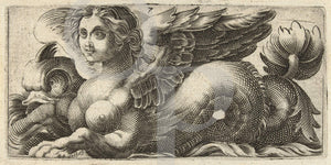 German engraving of a Sphinx-like seamonster. Mythical creatures