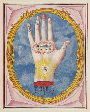 Hand of the Philosophers painting with symbols representing various elements and ingredients of the Alchemical process
